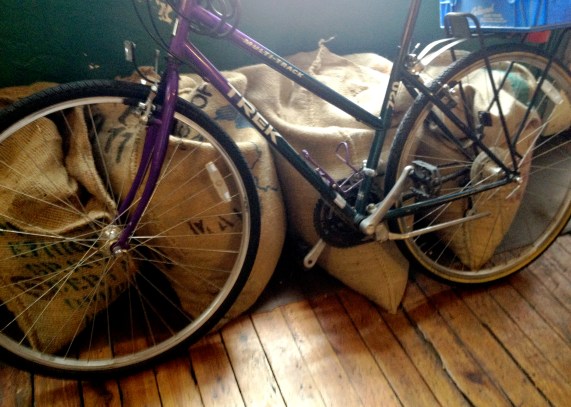 Purple Bike and Coffee Bags.